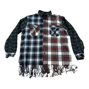 Polo Ralph Lauren Shirt Womens Medium Multicolor Plaid Patchwork Fringe Flannel